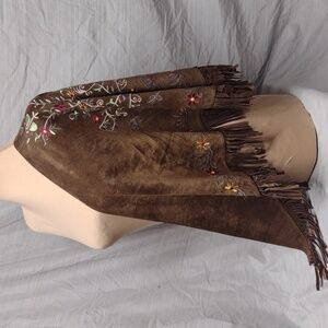 Embroidered Suede Leather Shawl Scarf with fringe